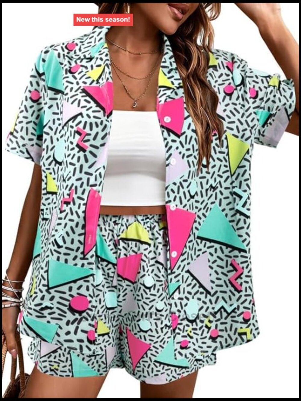 Retro 2 Piece Disco Matching Set Neon Button Down Top and Shorts